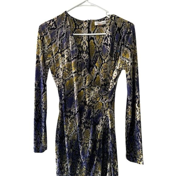Calvin Klein Multicolored Snake Skin Pattern Faux Wrap Dress Size 4 Purple Yello - Picture 2 of 11